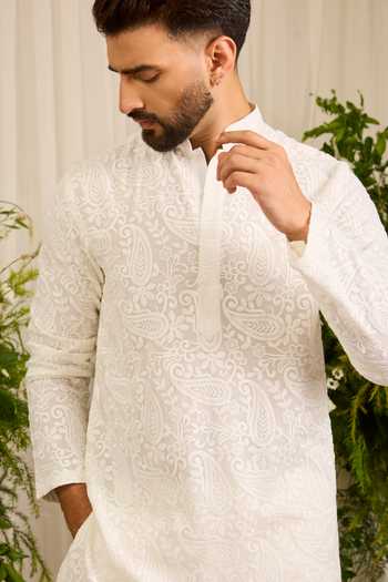 Buy_Kasbah_White Georgette The Montaigne Paisley Embroidered Short Kurta _Online_at_Aza_Fashions