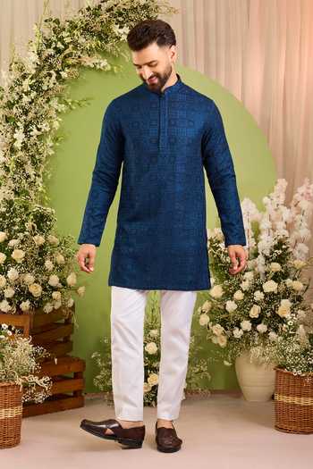 Kasbah Blue Silk Moncler Thread Embroidered Short Kurta Online at Aza Fashions Kasbah_Blue Silk Moncler Thread Embroidered Short Kurta _Online_at_Aza_Fashions