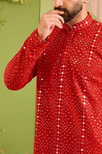 Kasbah Red Silk Mirror Work Kurta Online at Aza Fashions Kasbah_Red Silk Mirror Work Kurta _Online_at_Aza_Fashions
