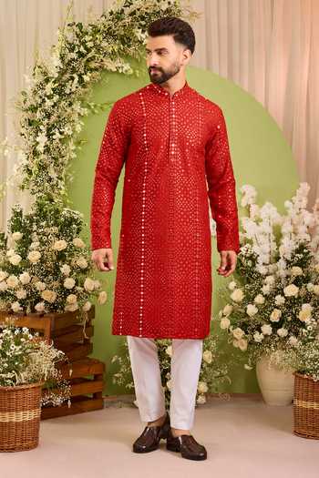 Buy Kasbah Red Silk Mirror Work Kurta Online at Aza Fashions Buy_Kasbah_Red Silk Mirror Work Kurta _Online_at_Aza_Fashions