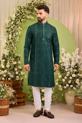 Buy Kasbah Green Silk Mirror Work Kurta Online at Aza Fashions Buy_Kasbah_Green Silk Mirror Work Kurta _Online_at_Aza_Fashions
