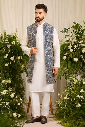 Kasbah_Blue Georgette Regal Zari Detailed Open Nehru Jacket _Online_at_Aza_Fashions