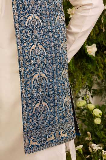 Buy_Kasbah_Blue Georgette Regal Zari Detailed Open Nehru Jacket _Online_at_Aza_Fashions