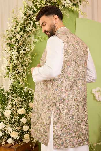 Kasbah_Beige Georgette The Floral Embroidered Nehru Jacket _Online_at_Aza_Fashions