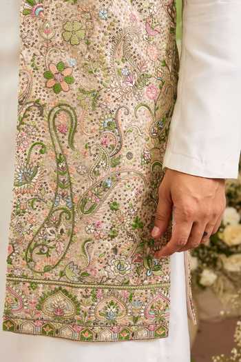 Buy_Kasbah_Beige Georgette The Floral Embroidered Nehru Jacket _Online_at_Aza_Fashions