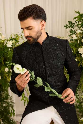 Kasbah_Black Valtier Geometric Cutdana Sherwani _Online_at_Aza_Fashions