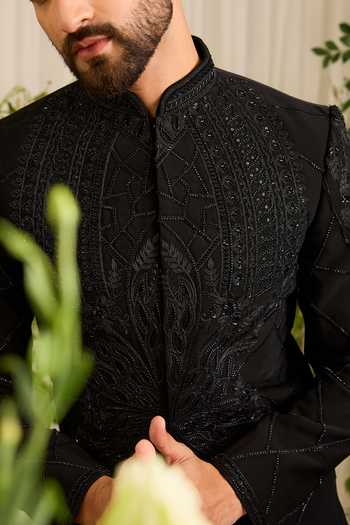 Buy_Kasbah_Black Valtier Geometric Cutdana Sherwani _Online_at_Aza_Fashions
