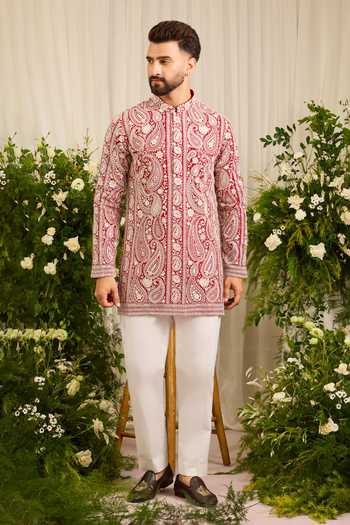 Kasbah_Red Georgette The Linden Chikankari Embroidered Short Kurta _Online_at_Aza_Fashions