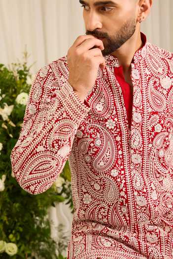 Buy_Kasbah_Red Georgette The Linden Chikankari Embroidered Short Kurta _Online_at_Aza_Fashions