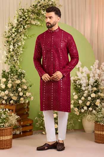 Kasbah Maroon Silk Mirror Embroidered Kurta Online at Aza Fashions Kasbah_Maroon Silk Mirror Embroidered Kurta _Online_at_Aza_Fashions