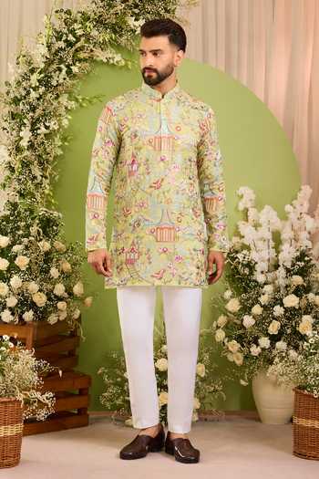 Kasbah_Green Georgette The Kyoto Oriental Motif Short Kurta _Online_at_Aza_Fashions