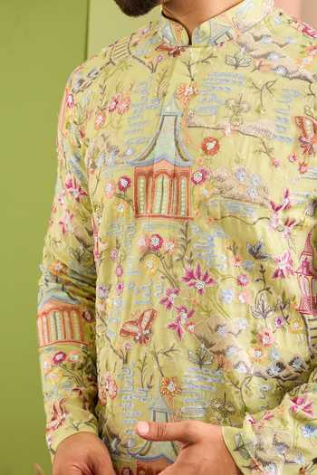 Buy_Kasbah_Green Georgette The Kyoto Oriental Motif Short Kurta _Online_at_Aza_Fashions