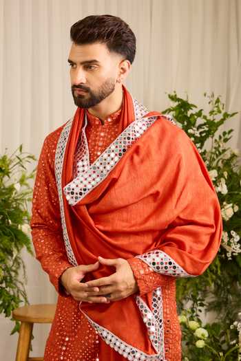 Kasbah Orange Silk Mirror Work Kurta With Stole Online at Aza Fashions Kasbah_Orange Silk Mirror Work Kurta With Stole _Online_at_Aza_Fashions