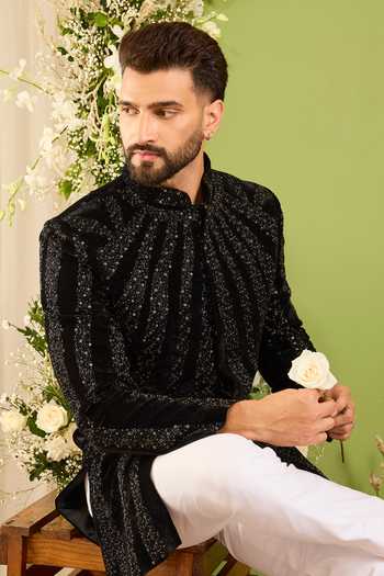 Kasbah Black Velvet The Elan Noir Cutdana And Sequin Sherwani Online at Aza Fashions Kasbah_Black Velvet The Elan Noir Cutdana And Sequin Sherwani _Online_at_Aza_Fashions