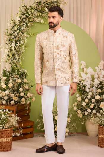 Kasbah Gold Tissue Embroidery, Sequins, Beads, Zari, The Imperium Wildlife Bandhgala Online at Aza Fashions Kasbah_Gold Tissue Embroidery, Sequins, Beads, Zari, The Imperium Wildlife Bandhgala _Online_at_Aza_Fashions