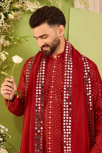 Kasbah Red Silk Mirror Work Kurta With Stole Online at Aza Fashions Kasbah_Red Silk Mirror Work Kurta With Stole _Online_at_Aza_Fashions
