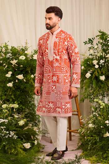 Kasbah_Orange Georgette The Imperial Flora And Fauna Kurta _Online_at_Aza_Fashions