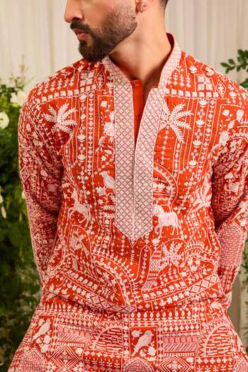 Buy_Kasbah_Orange Georgette The Imperial Flora And Fauna Kurta _Online_at_Aza_Fashions