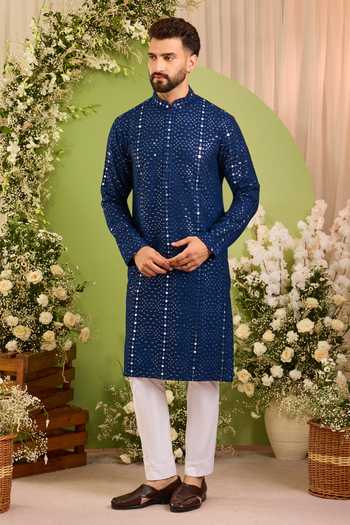 Kasbah Blue Silk Mirror Work Kurta Online at Aza Fashions Kasbah_Blue Silk Mirror Work Kurta _Online_at_Aza_Fashions
