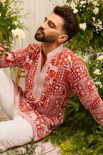 Buy_Kasbah_Orange Georgette The Imperial Flora And Fauna Short Kurta _Online_at_Aza_Fashions