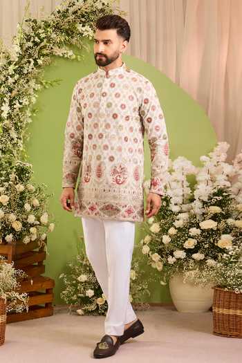 Kasbah_White Georgette Alouette Peacock Detailed Short Kurta _Online_at_Aza_Fashions
