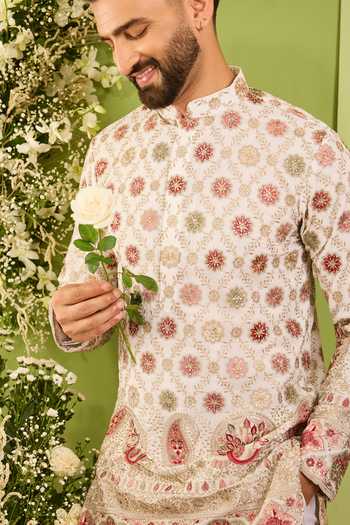 Buy_Kasbah_White Georgette Alouette Peacock Detailed Short Kurta _Online_at_Aza_Fashions