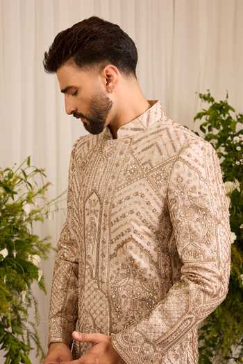 Kasbah Beige Georgette Eminence Cutdana Embroidered Sherwani Online at Aza Fashions Kasbah_Beige Georgette Eminence Cutdana Embroidered Sherwani _Online_at_Aza_Fashions