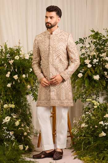 Buy Kasbah Beige Georgette Eminence Cutdana Embroidered Sherwani Online at Aza Fashions Buy_Kasbah_Beige Georgette Eminence Cutdana Embroidered Sherwani _Online_at_Aza_Fashions