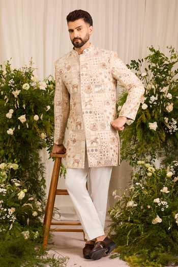 Kasbah_Gold Tissue The Imperium Wildlife Short Sherwani _Online_at_Aza_Fashions