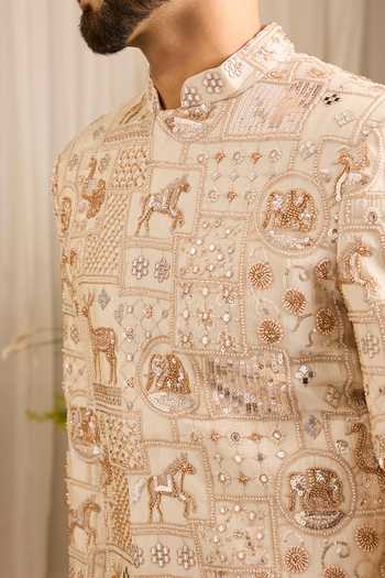Buy_Kasbah_Gold Tissue The Imperium Wildlife Short Sherwani _Online_at_Aza_Fashions