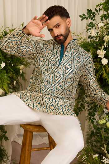 Kasbah Green Silk The Haute Mirror Work Kurta Online at Aza Fashions Kasbah_Green Silk The Haute Mirror Work Kurta _Online_at_Aza_Fashions