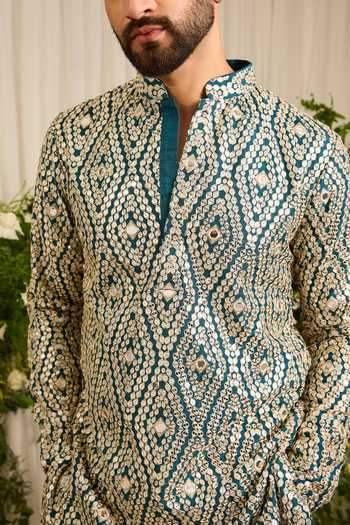 Buy Kasbah Green Silk The Haute Mirror Work Kurta Online at Aza Fashions Buy_Kasbah_Green Silk The Haute Mirror Work Kurta _Online_at_Aza_Fashions