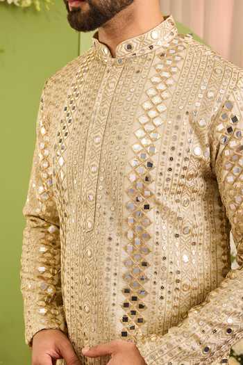 Kasbah_Beige Tissue The Golden Hour Mirror Work Kurta _Online_at_Aza_Fashions