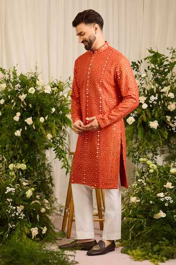 Kasbah Orange Silk Mirror Embroidered Kurta Online at Aza Fashions Kasbah_Orange Silk Mirror Embroidered Kurta _Online_at_Aza_Fashions