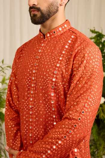 Buy Kasbah Orange Silk Mirror Embroidered Kurta Online at Aza Fashions Buy_Kasbah_Orange Silk Mirror Embroidered Kurta _Online_at_Aza_Fashions