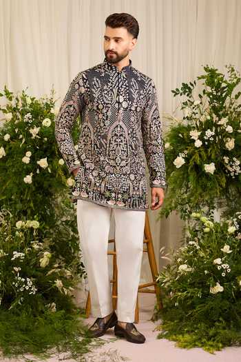 Kasbah Blue Georgette Canopy Embroidered Short Kurta Online at Aza Fashions Kasbah_Blue Georgette Canopy Embroidered Short Kurta _Online_at_Aza_Fashions