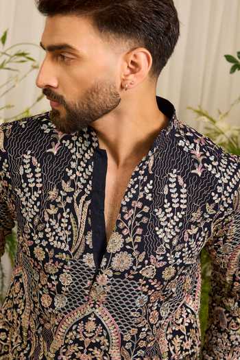 Buy Kasbah Blue Georgette Canopy Embroidered Short Kurta Online at Aza Fashions Buy_Kasbah_Blue Georgette Canopy Embroidered Short Kurta _Online_at_Aza_Fashions