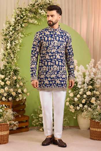 Kasbah_Blue Georgette Imperial Court Mughal Embroidered Kurta _Online_at_Aza_Fashions