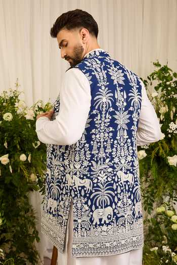 Kasbah Blue Georgette The Kingsley Elephant Motif Nehru Jacket Online at Aza Fashions Kasbah_Blue Georgette The Kingsley Elephant Motif Nehru Jacket _Online_at_Aza_Fashions