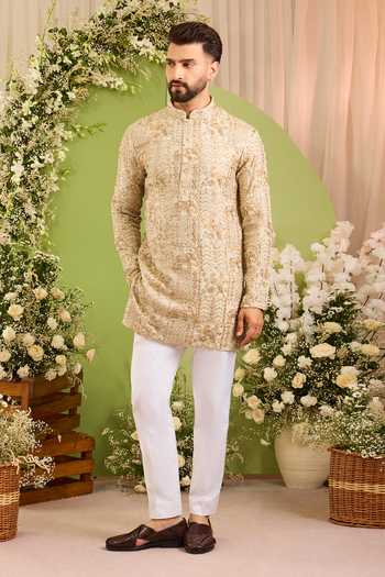 Kasbah_Gold Tissue Palladium Wildlife Motif Kurta _Online_at_Aza_Fashions