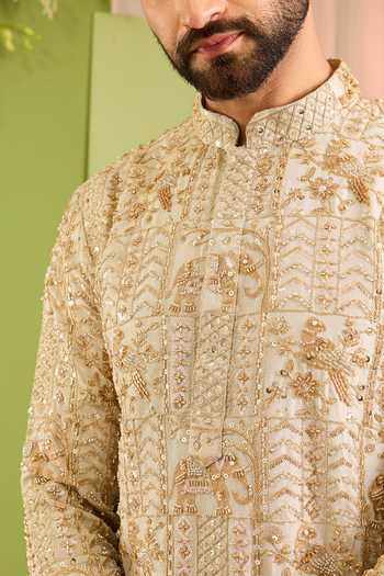 Buy_Kasbah_Gold Tissue Palladium Wildlife Motif Kurta _Online_at_Aza_Fashions