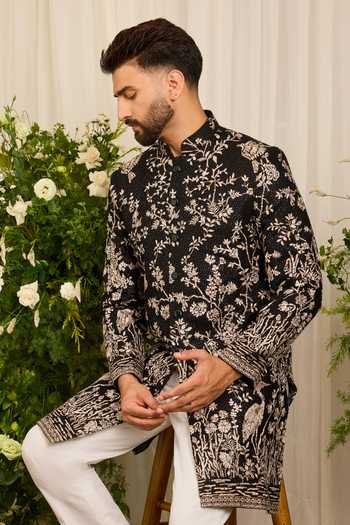 Kasbah Black Georgette The Midnight Flamingo Embroidered Sherwani Online at Aza Fashions Kasbah_Black Georgette The Midnight Flamingo Embroidered Sherwani _Online_at_Aza_Fashions