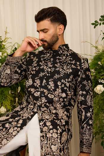 Buy Kasbah Black Georgette The Midnight Flamingo Embroidered Sherwani Online at Aza Fashions Buy_Kasbah_Black Georgette The Midnight Flamingo Embroidered Sherwani _Online_at_Aza_Fashions