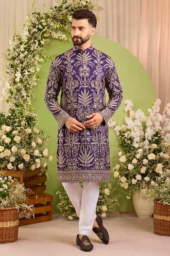 Kasbah_Purple Silk The Cortege Botanical Zari Kurta _Online_at_Aza_Fashions