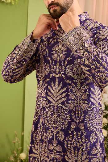 Buy_Kasbah_Purple Silk The Cortege Botanical Zari Kurta _Online_at_Aza_Fashions