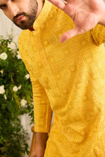 Kasbah Yellow Silk The Moncler Abstract Motif Kurta Online at Aza Fashions Kasbah_Yellow Silk The Moncler Abstract Motif Kurta _Online_at_Aza_Fashions