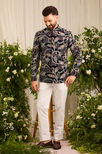 Kasbah_Blue Velvet Embroidery, Beads, Pearls The Ducal Crown Abstract Floral Bandhgala _Online_at_Aza_Fashions