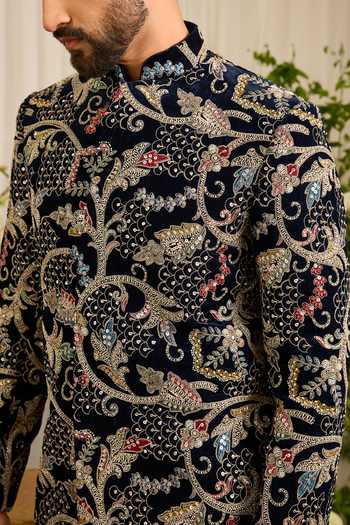 Buy_Kasbah_Blue Velvet Embroidery, Beads, Pearls The Ducal Crown Abstract Floral Bandhgala _Online_at_Aza_Fashions