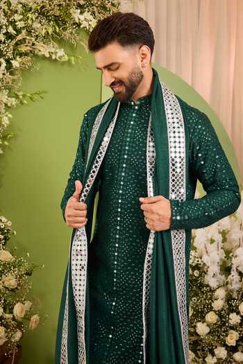 Kasbah Green Silk Mirror Work Kurta With Stole Online at Aza Fashions Kasbah_Green Silk Mirror Work Kurta With Stole _Online_at_Aza_Fashions