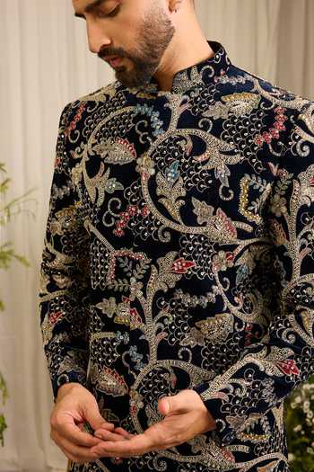 Kasbah_Blue Velvet The Ducal Crown Abstract Floral Short Sherwani _Online_at_Aza_Fashions